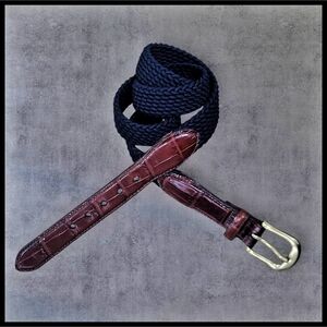 Brighton Men's Croc Embossed Leather Woven Stretch Belt Brass Buckle Navy 40
